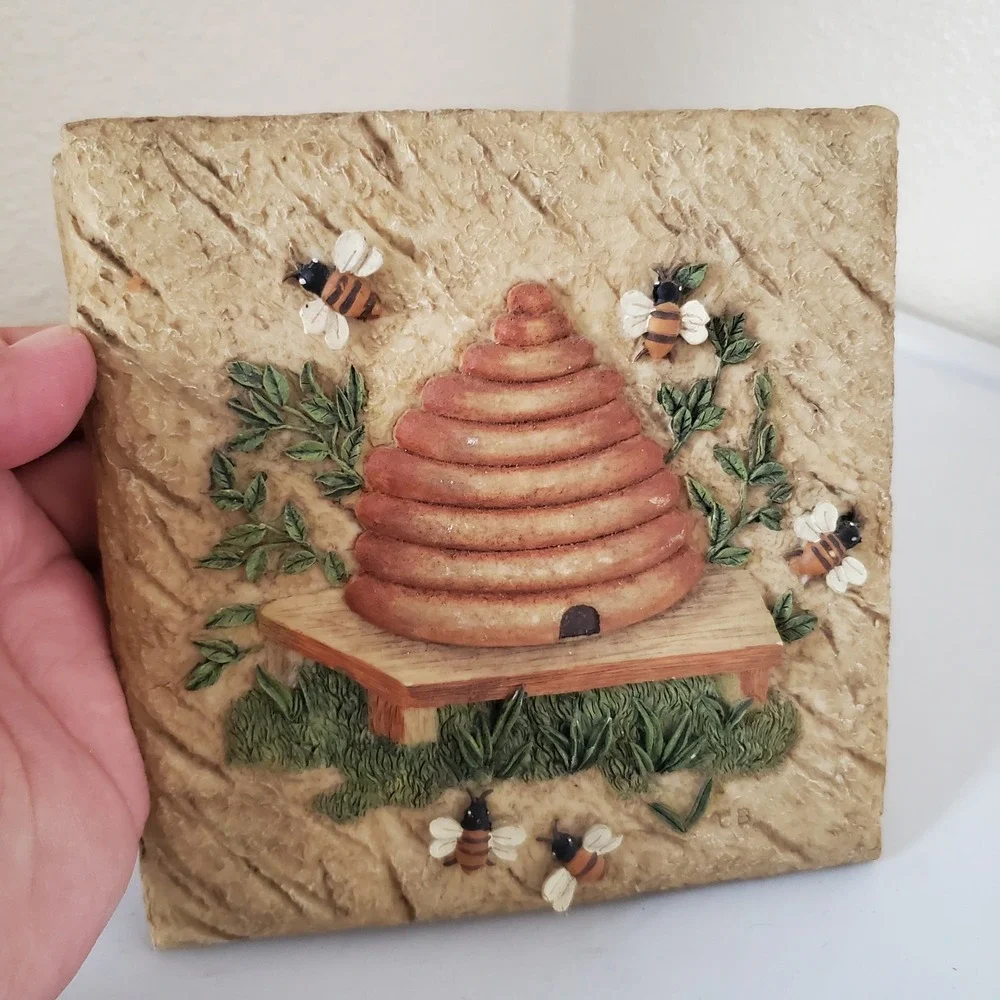 Vintage CB Beehive and Potted Plants Resin Wall Plaques Set of 2 Garden Art